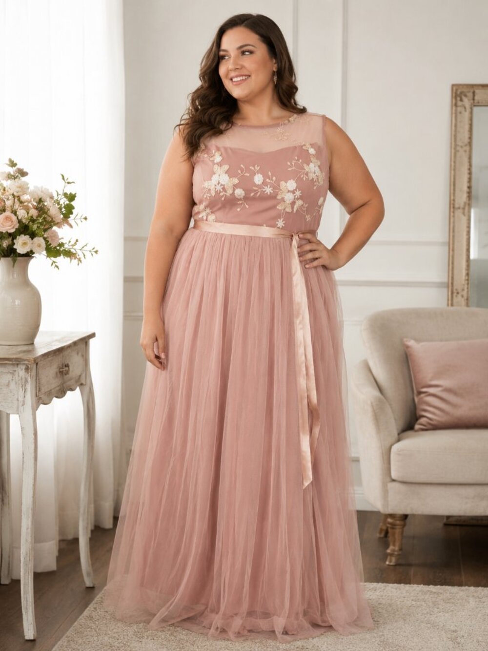 Candalite Blush Pink Embroidered Mesh Formal Maxi Dress 1X Wedding Guest Prom